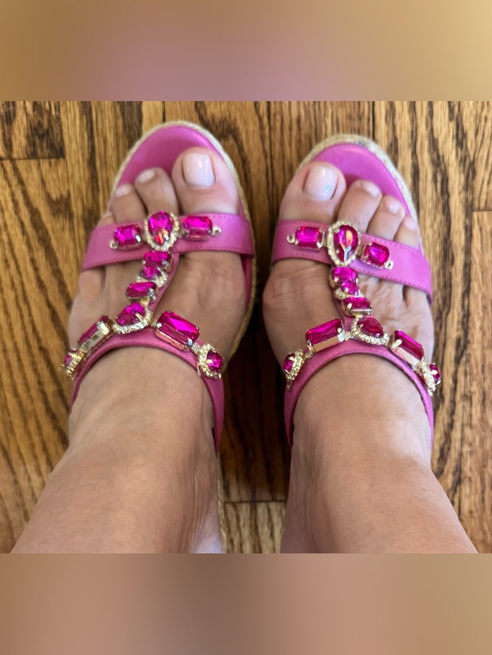 Arezzo Pink Leather Jeweled Espadrille Wedge Sandals Crystal Platform Size 9US - Picture 6 of 13